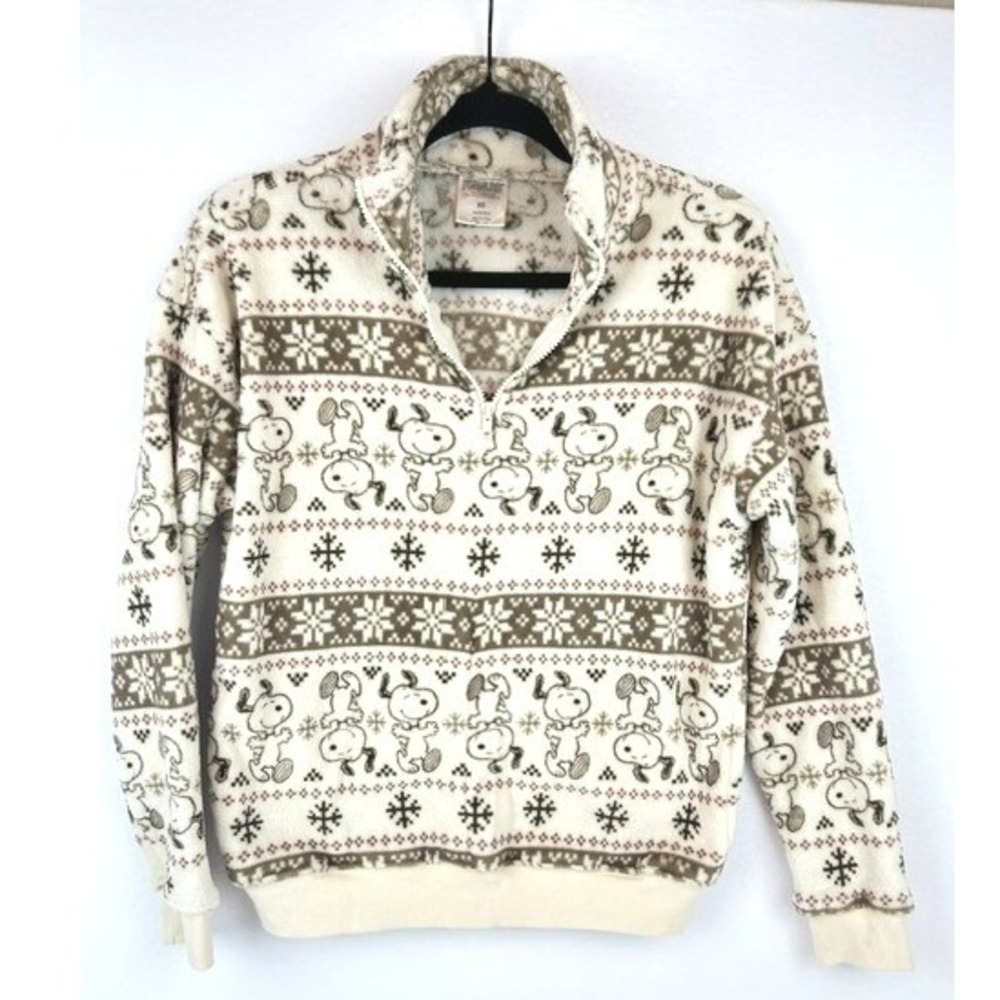 Peanuts Snoopy Fleece Quarter Zip Fair Isle Snowflake Pullover Women XS